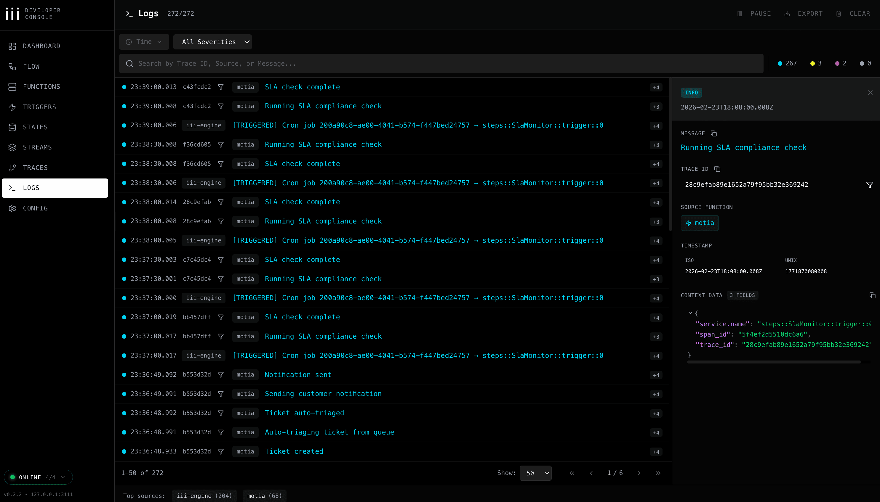 Real-time logs in the iii Console