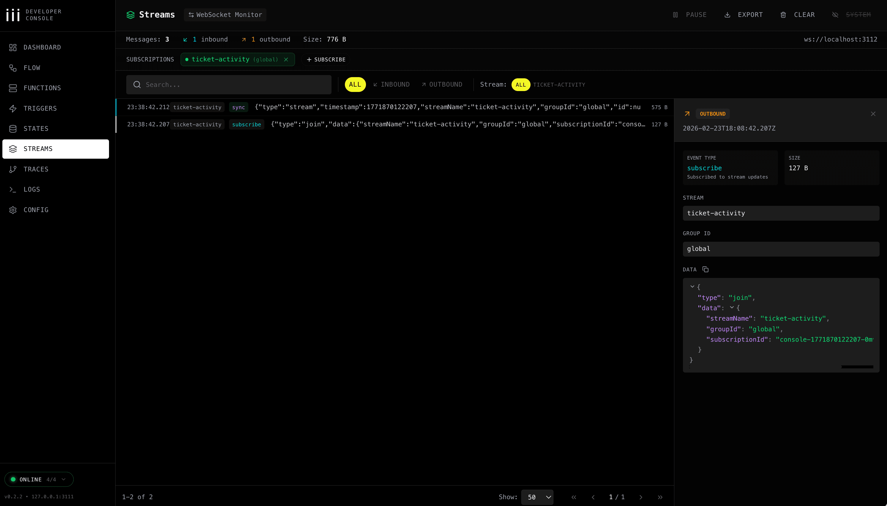 Streams WebSocket monitor in the iii Console